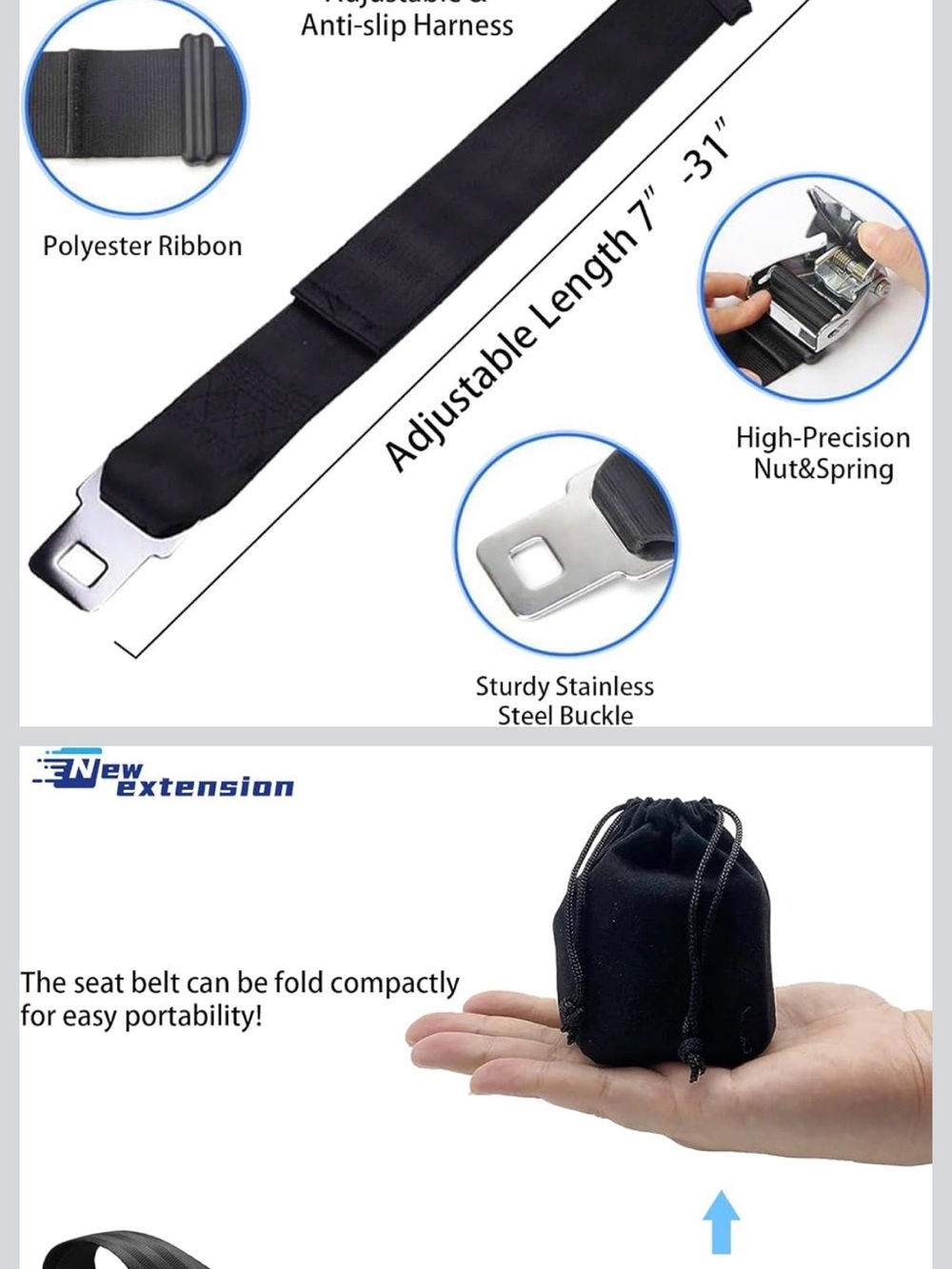 Adjustable Black Seat Belt Extension with Stainless Steel Buckle